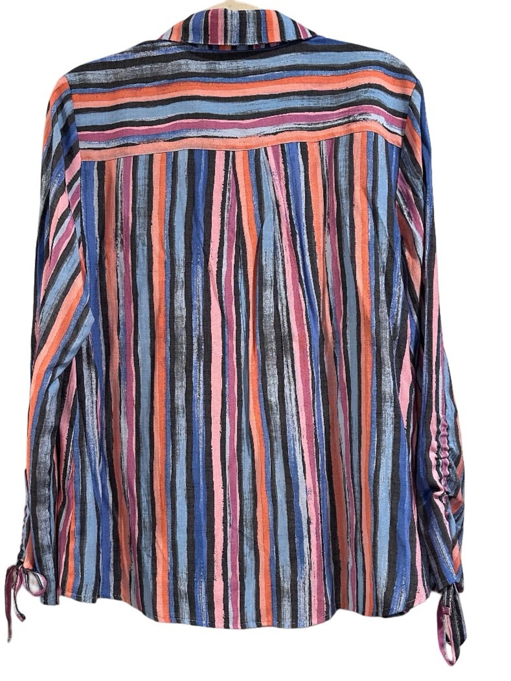 Daily Thread Multicolor Striped Button Down Top Ruched Tie Sleeves Rayon Blend L - Picture 4 of 14